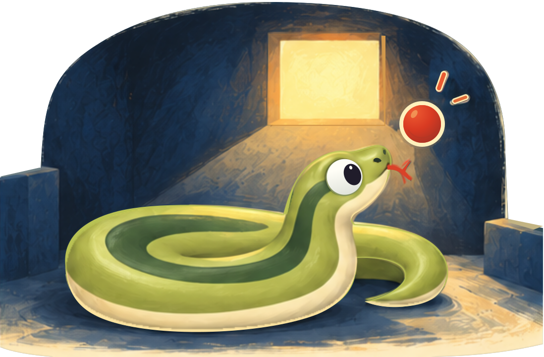 A curious green snake reaches for a red dot in the light of a warm window.